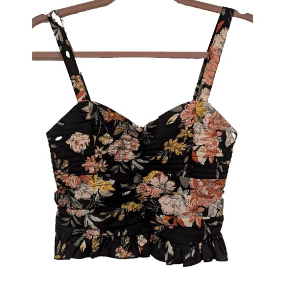 Band of Gypsies Tops - B.O.G Collective Floral Print Sleeveless Smocked Ruched Ruffle Crop Top